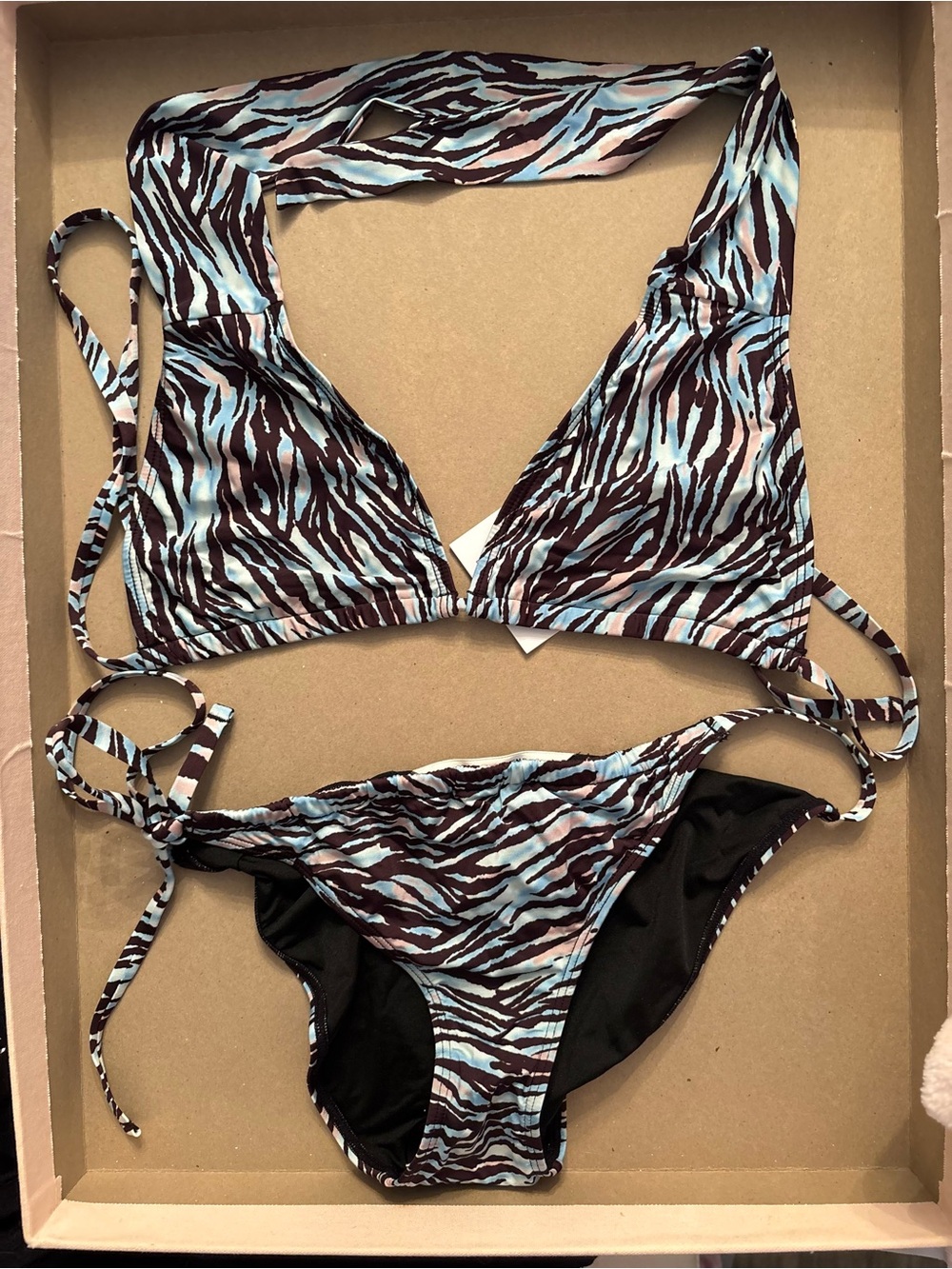Diane Von Furstenberg Blue and Brown Zebra-Print Tie Bikini